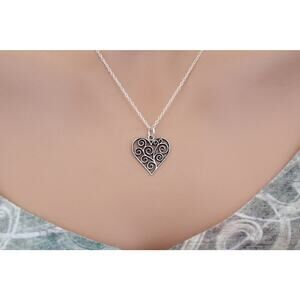 Sterling Silver Heart Charm with Scrollwork Necklace